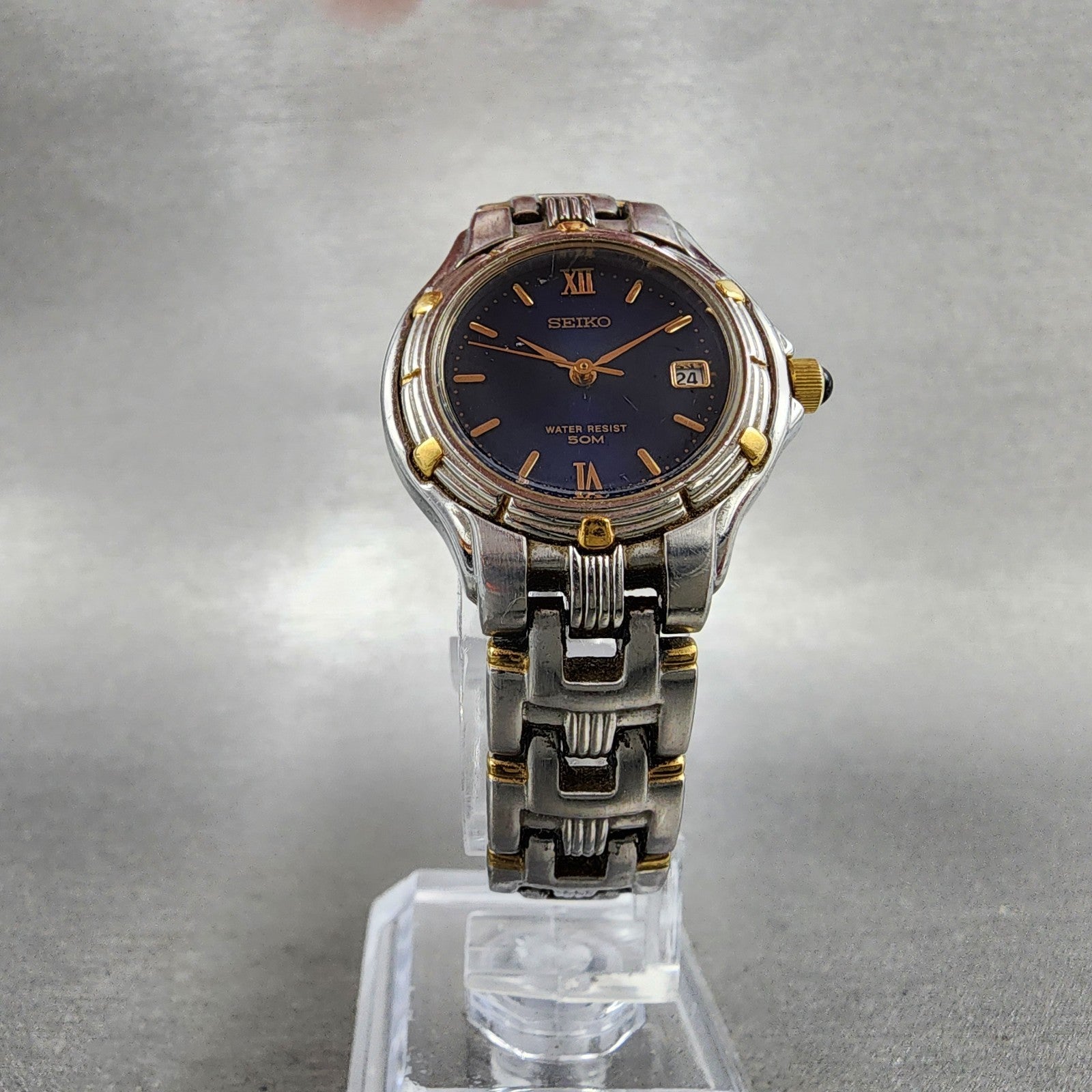 Seiko Watch Women 26mm Blue Dial Two Tone Date Round V7820779 New Battery5