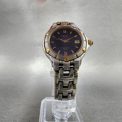 Seiko Watch Women 26mm Blue Dial Two Tone Date Round V7820779 New Battery5