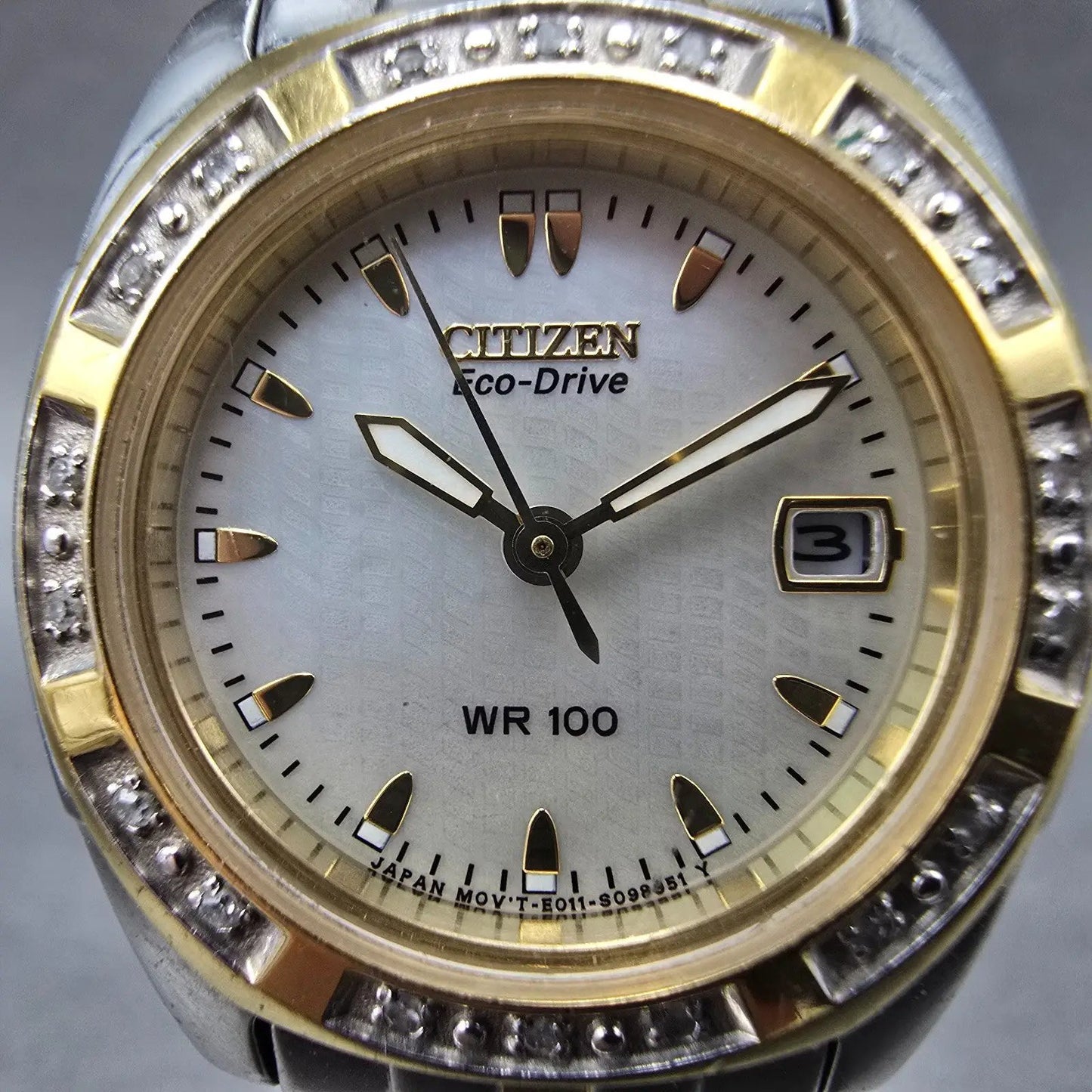 Citizen Eco-Drive Watch Women 26mm MOP Dial Two Tone Date Round EW1594-55D RunsK1