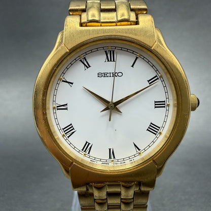 Seiko Watch Men 32mm White Dial God Tone Round V701-2b60 New Battery Vinatge0