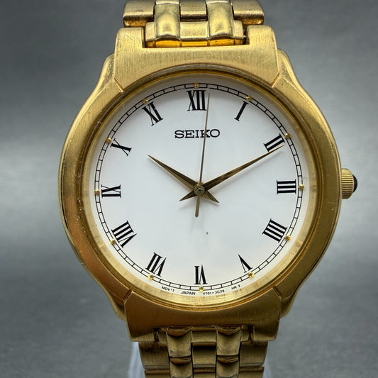 Seiko Watch Men 32mm White Dial God Tone Round V701-2b60 New Battery Vinatge0