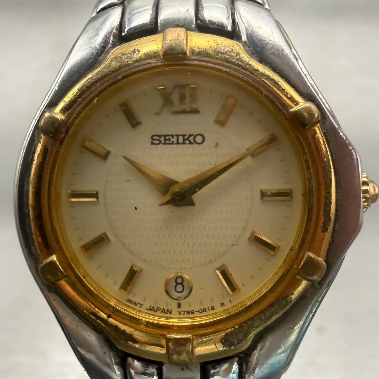 Seiko Watch Women 26mm Champagne Dial Two Tone Date Round V789-0369 New Battery1