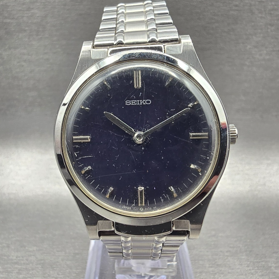 Seiko Watch Men 35mm Blue Dial Silver Tone Round 7C17-8000 Braille New Batt VTG0