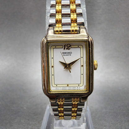 Seiko Tank Watch Women 18mm White Dial Two Tone Rectangle V4015129 New Battery0