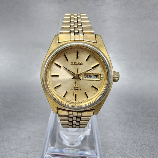 Seiko SQ Watch Women 25mm Champagne Dial Gold Tone Daydate Round New Battery