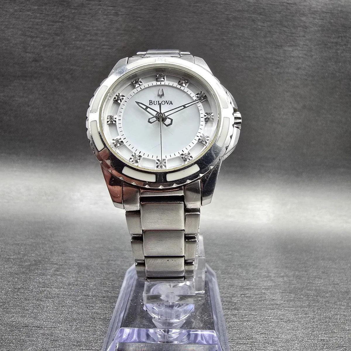 Bulova Watch Women 32mm MOP Dial Silver Tone Diamond Markers 96P144 New Battery5