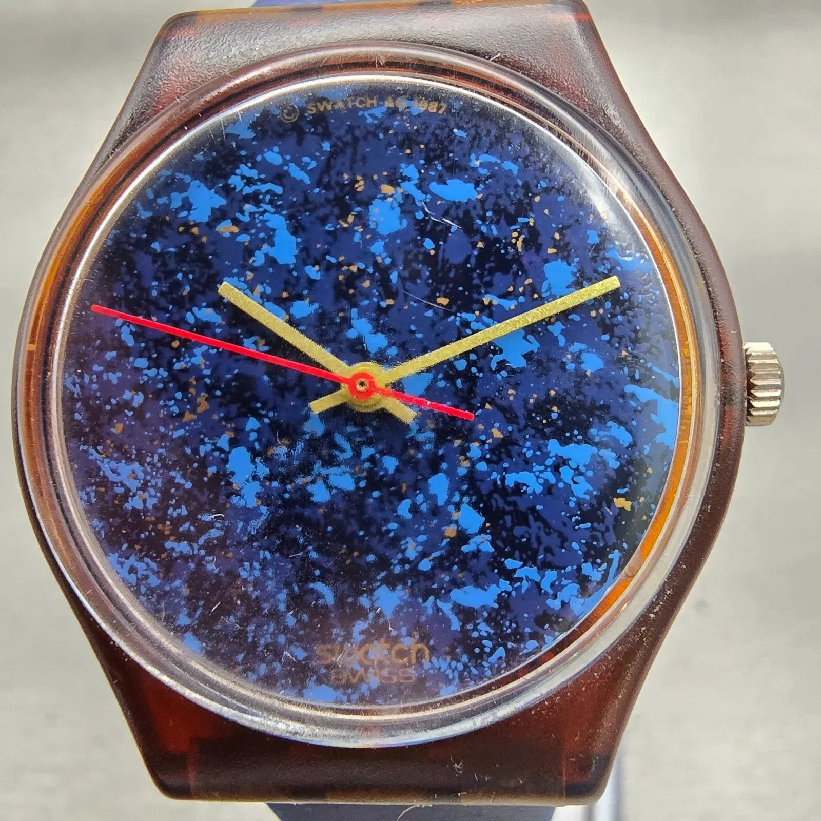 Swatch Gent LAZULI Watch Men 34mm Blue Dial Brown Case GF101 New Battery VTG1