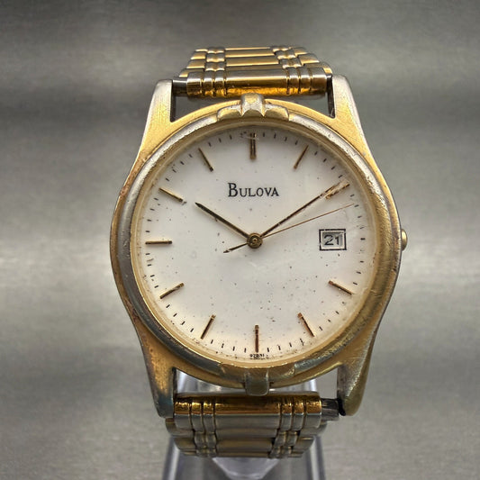 Bulova Watch Men 35mm White Dial Gold Tone Date Round Vintage New Batttery0
