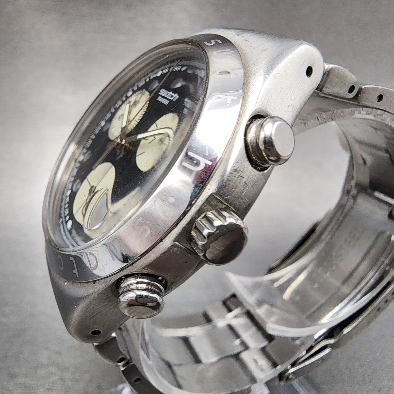 Swatch Irony Chrono Wisdom Watch Men 40mm Black Dial Steel Date Round New Batt2