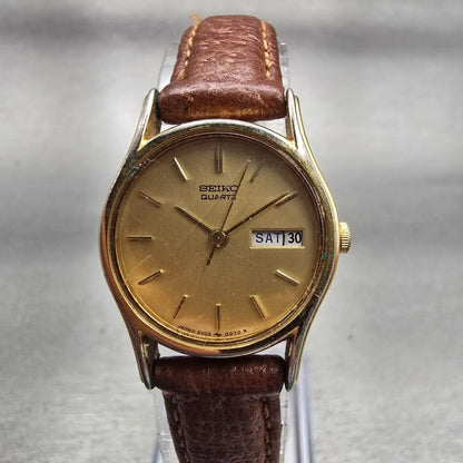 Seiko Watch Women 22mm Gold Dial Gold Tone Daydate Round 3Y03-0049 New Battery0