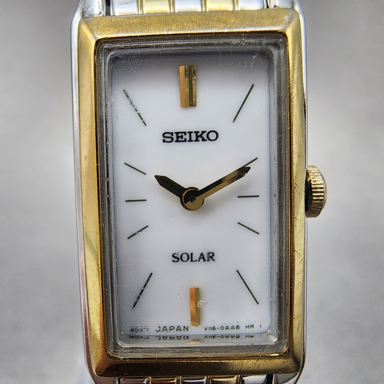 Seiko Solar Tank Watch Women 16mm White Dial Two Tone Rectangle V1160AA0 Runs1