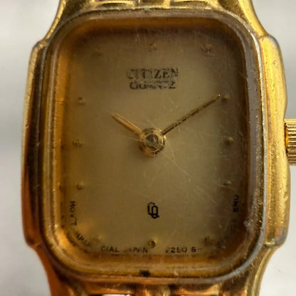 Citizen CQ Watch Women 15mm Champagne Dial Gold Rectangle 2250-S04701 New Batt1