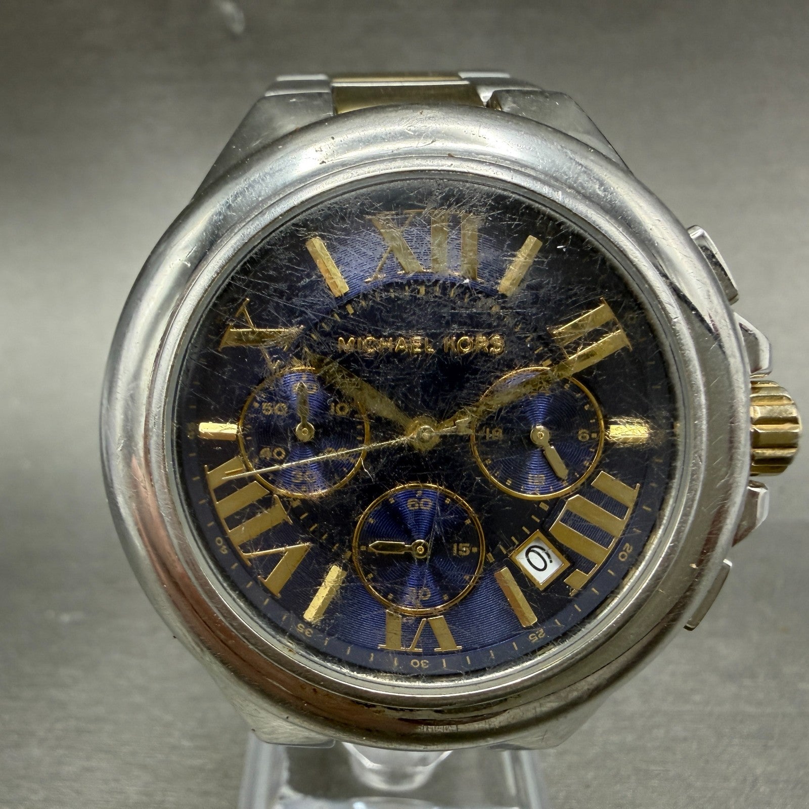 Michael Kors Camile Chrono Watch Women 43mm Blue Dial Two Tone Date MK-5758 ABC0