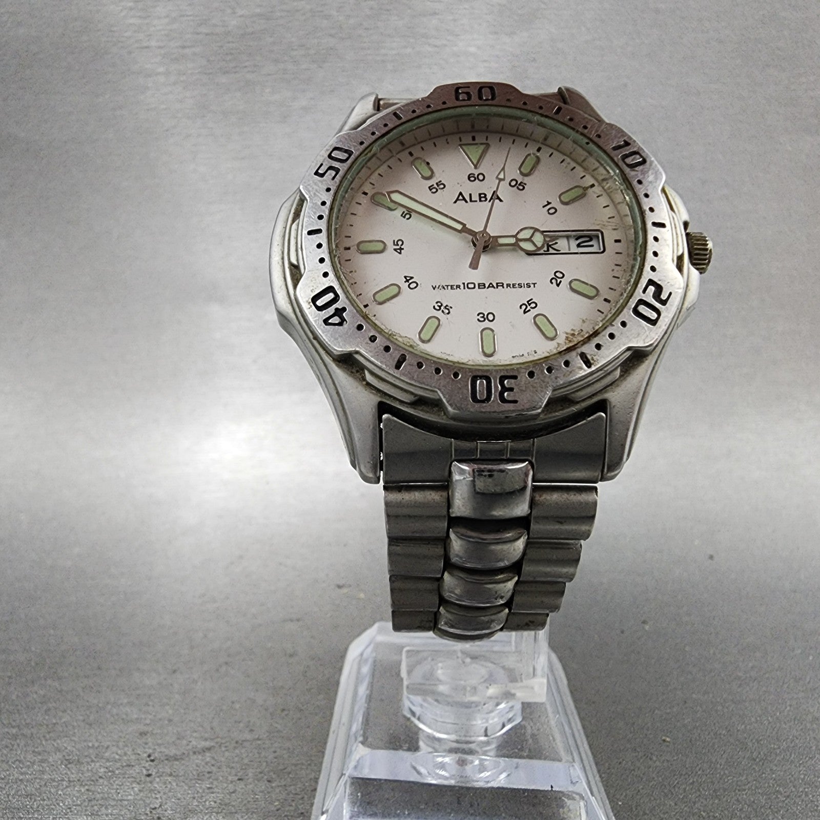 ALBA Dive Watch Men 41mm White Dial Silver Tone Daydate Round V7438B60 PARTS6