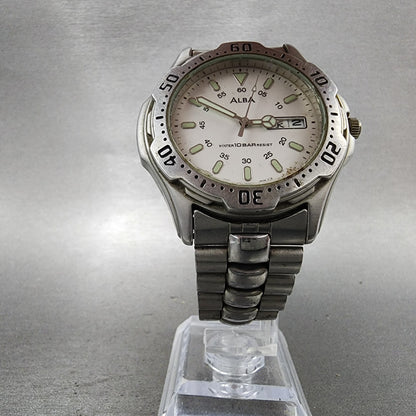 ALBA Dive Watch Men 41mm White Dial Silver Tone Daydate Round V7438B60 PARTS6