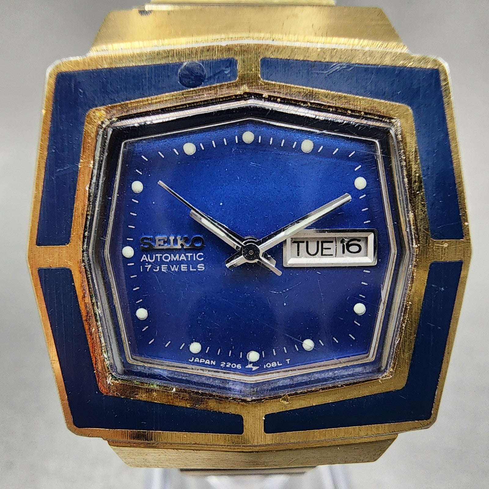 Seiko Automatic Watch Women 27mm Blue Dial Gold Tone Octagon Daydate Runs VTG1