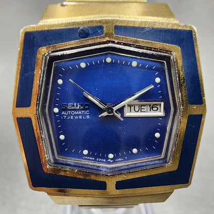 Seiko Automatic Watch Women 27mm Blue Dial Gold Tone Octagon Daydate Runs VTG1
