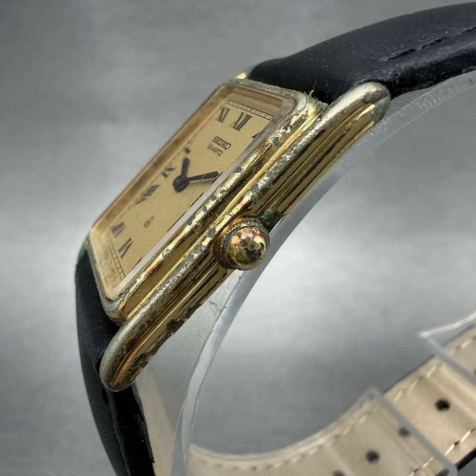 Seiko Tank Watch Women 20mm Champagne Dial Gold Tone 1400-5790 New Battery ABC2