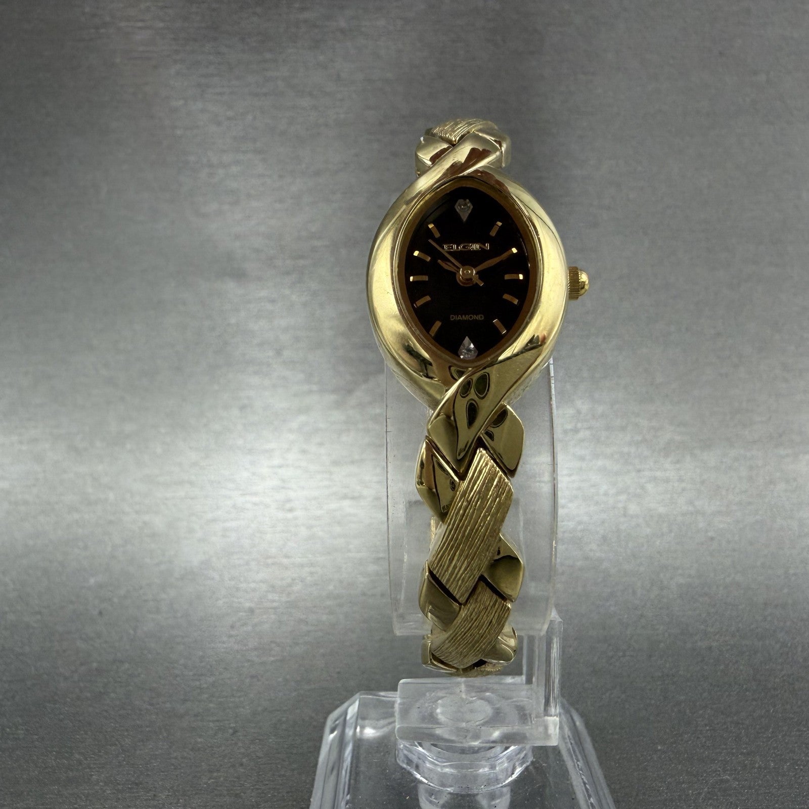 Elgin Watch Women 18mm Black Dial Gold Tone Oval Bangle New Battery VC11EG237N5