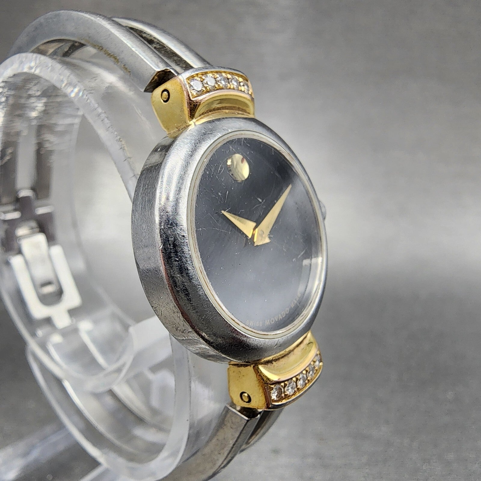Movado Harmony Watch Women 23mm Black Dial Two Tone Diamond Bezel New Battery3