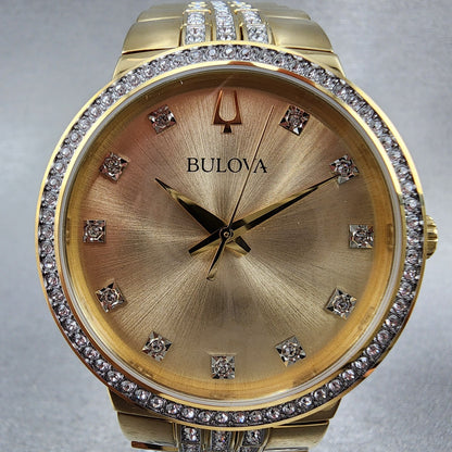 Bulova Watch Men 40mm Gold Dial Gold Tone Round Crystal Bezel 98K113 W/Necklace