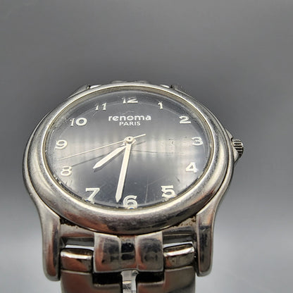 Vintage Renoma Watch Men Silver Tone Black Dial 35mm Round New Battery