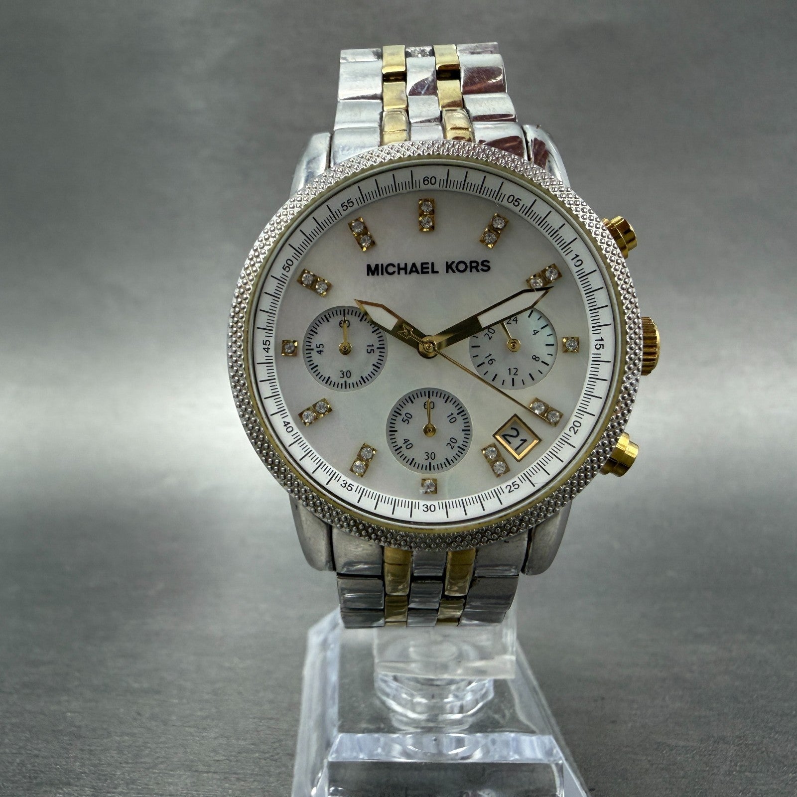 Michael Kors Ritz Chronograph Watch Women 37mm MOP Dial Two Tone New Battery5