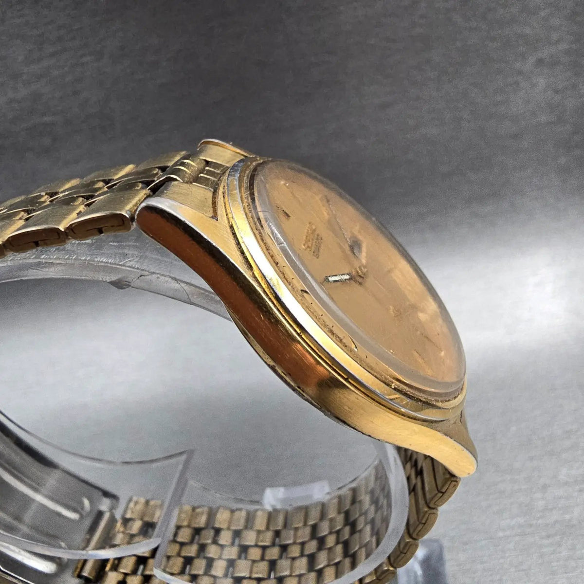 Seiko SQ Watch Men 34mm Gold Dial Gold Tone Daydate Round 5Y23-8049 New Batt JP13