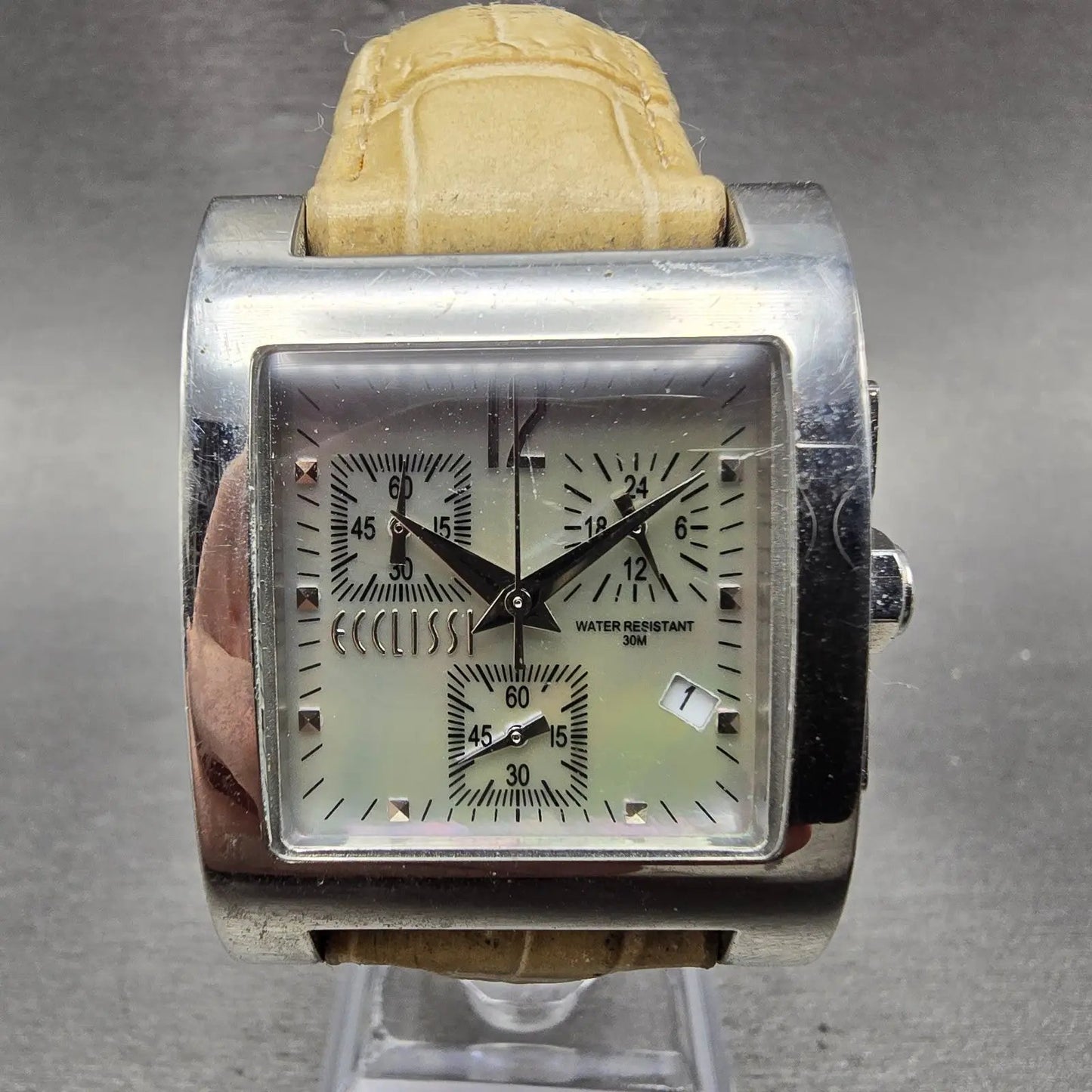 Ecclissi chronograph Watch Women 30mm MOP Dial Silver Tone Rectangle New Battery0