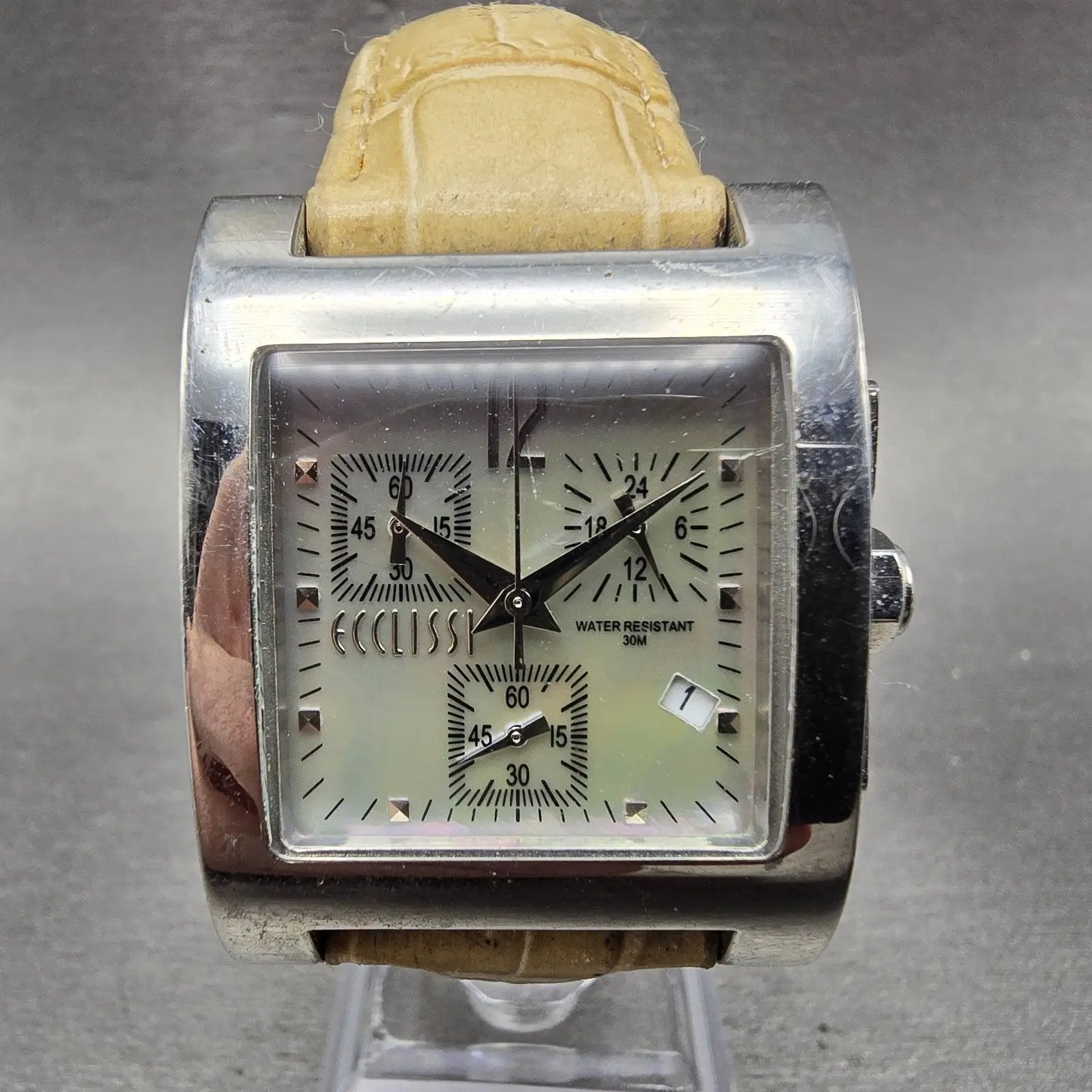 Ecclissi chronograph Watch Women 30mm MOP Dial Silver Tone Rectangle New Battery0