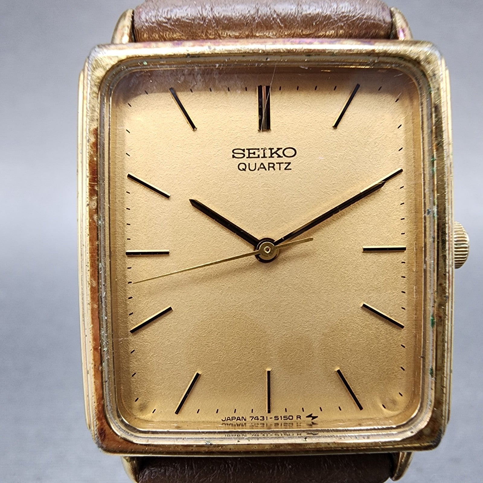 Seiko Tank Watch Men 26mm Gold Dial Gold Plated Rectangle 74315100 New Battery1