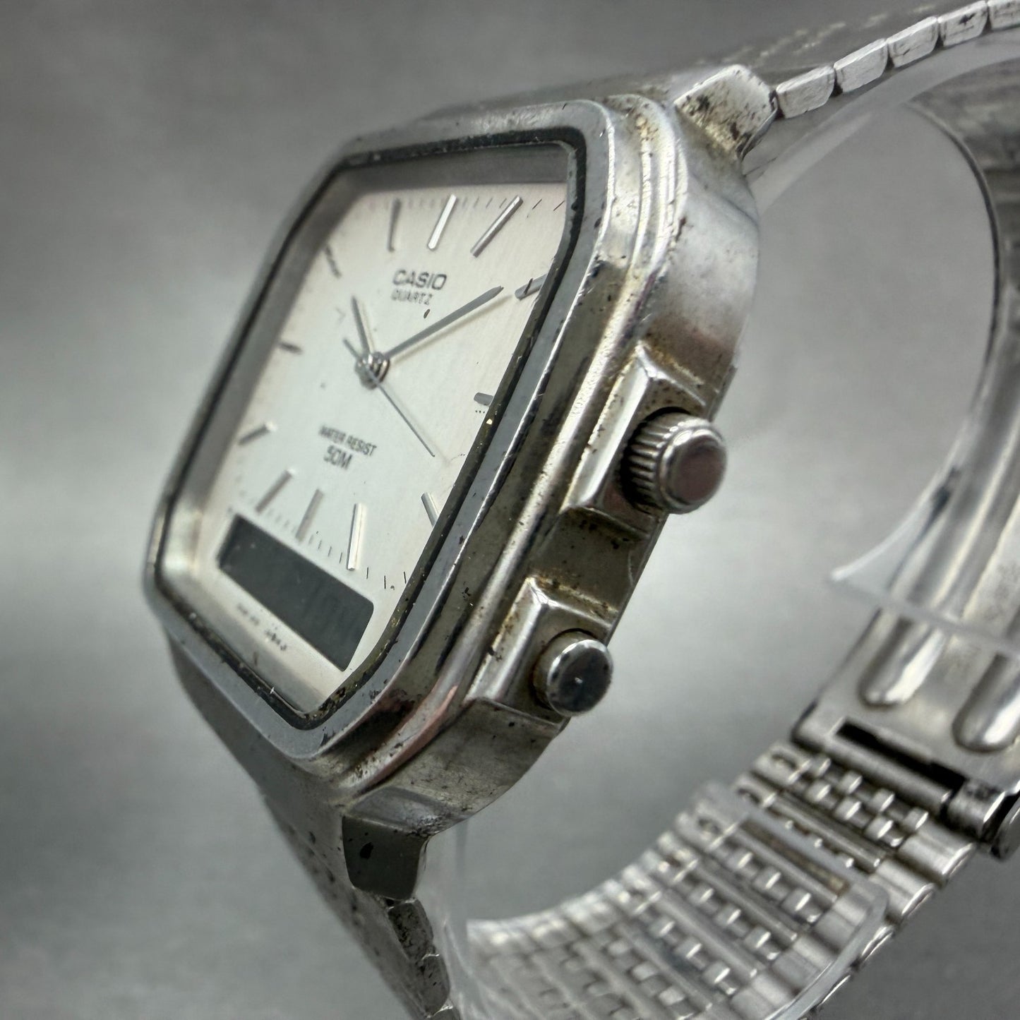 Casio AQW-60 Watch Men 32mm Silver Dial Silver Tone Alarm Chrono READ!! New batt2