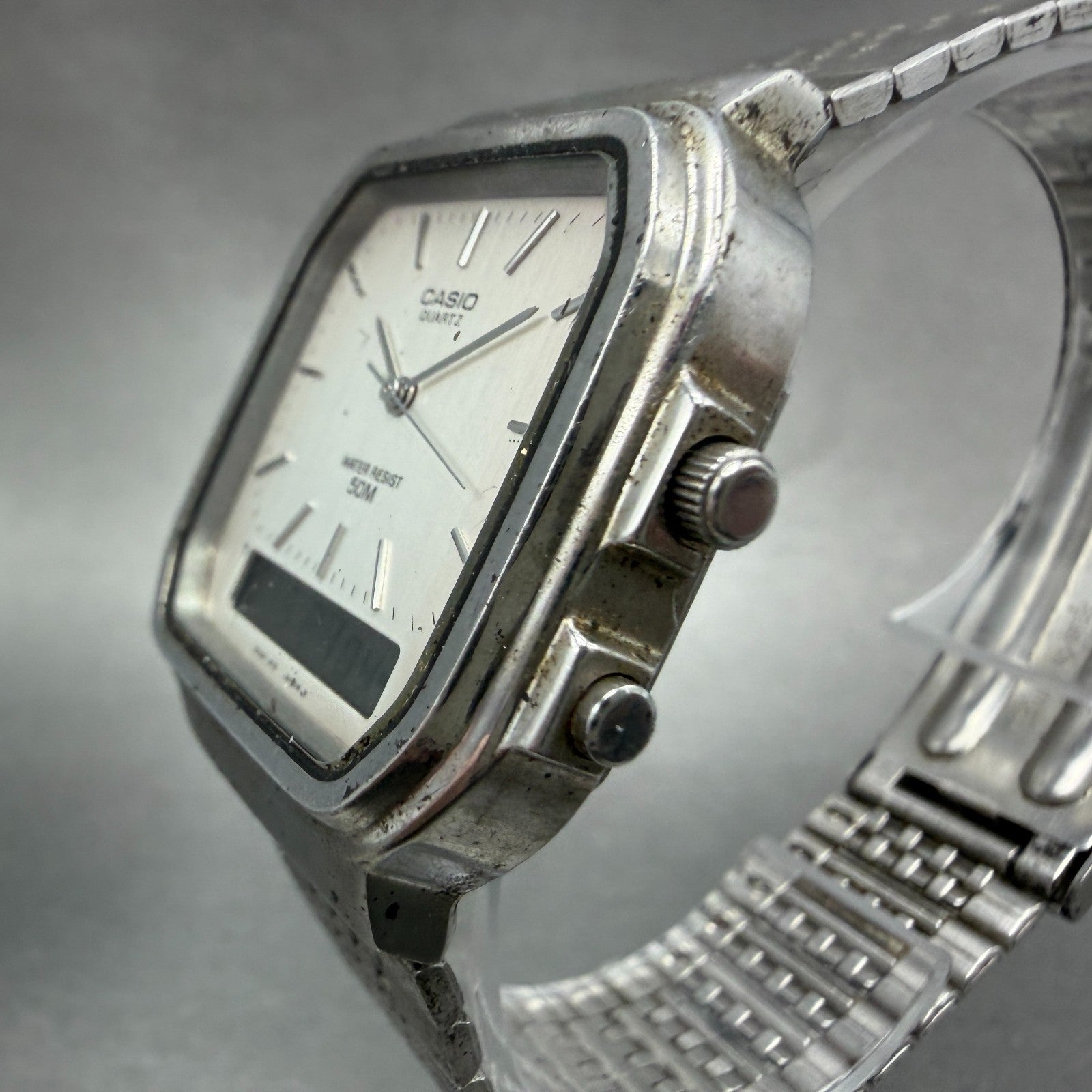 Casio AQW-60 Watch Men 32mm Silver Dial Silver Tone Alarm Chrono READ!! New batt2