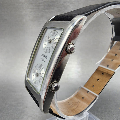 Fossil Steel Dual Time Watch Women 23mm Silver Dial Silver Tone Rectangle NewBat2