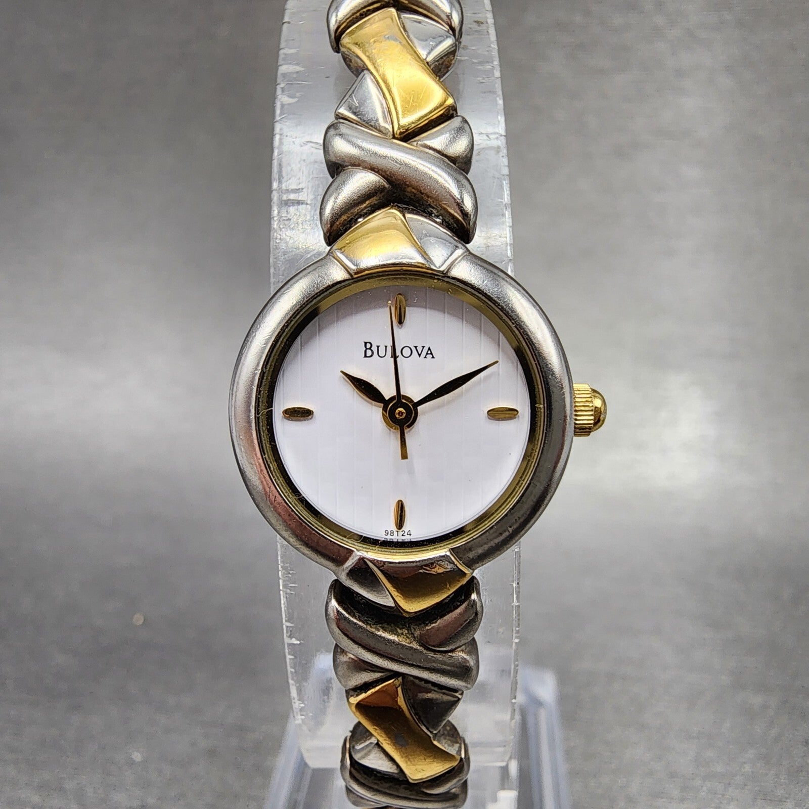 Bulova Watch Women 19mm White Dial Two Tone Round 98124 New Battery0