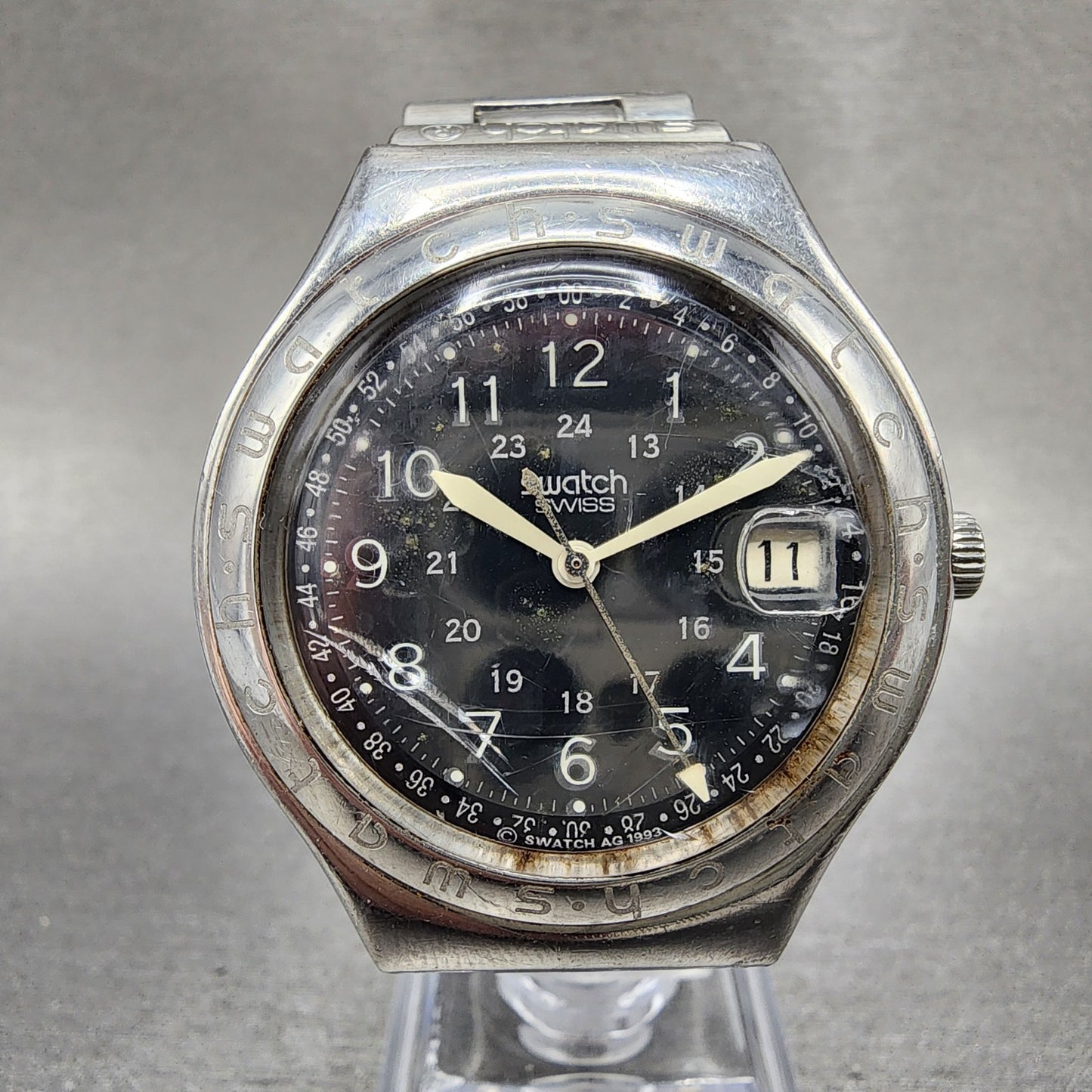 Swatch Irony Happy Joe Watch Men 37mm Gray Dial Steel Date Round New Battery NG10