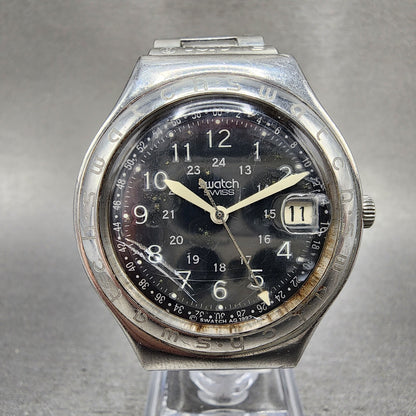 Swatch Irony Happy Joe Watch Men 37mm Gray Dial Steel Date Round New Battery NG10