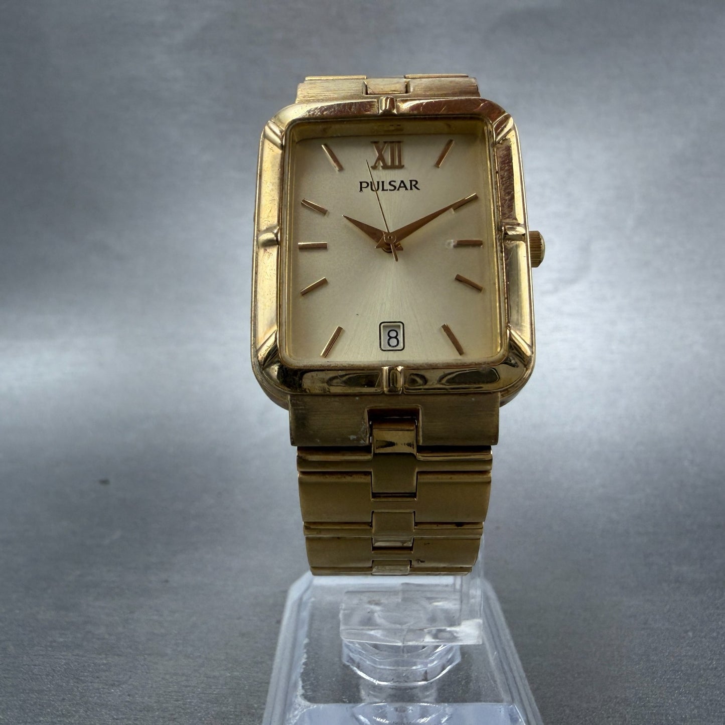 Pulsar Tank Watch Men 26mm Champagne Dial Gold Tone Date Rectangle New Battery 35