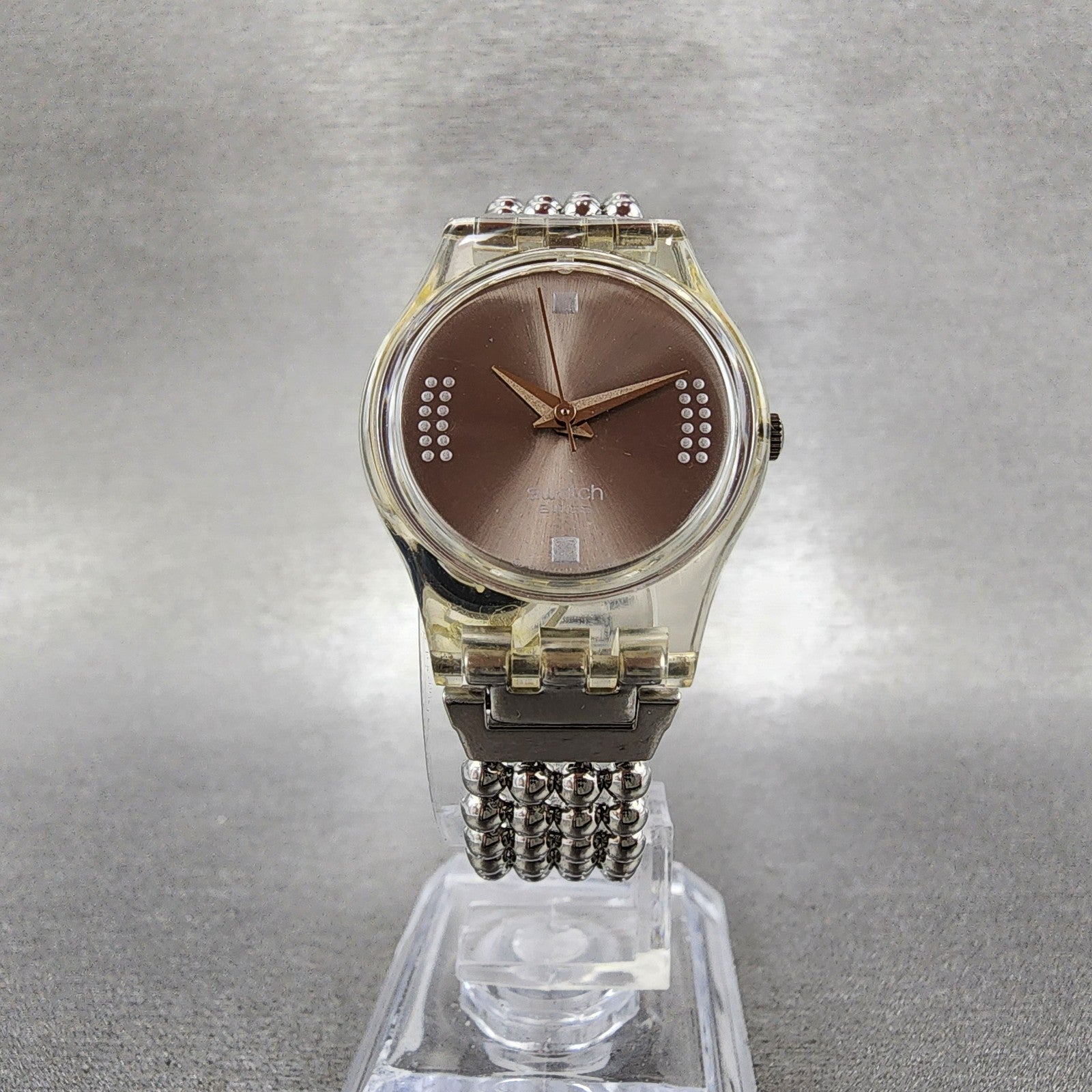 Swatch Silver Fall Watch Women 25mm Silver Dial Clear Case Round LW130 New Batt5