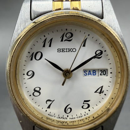 Seiko Watch Women 23mm White Dial Two Tone Daydate 7n83-0011 New Battery ABC9361