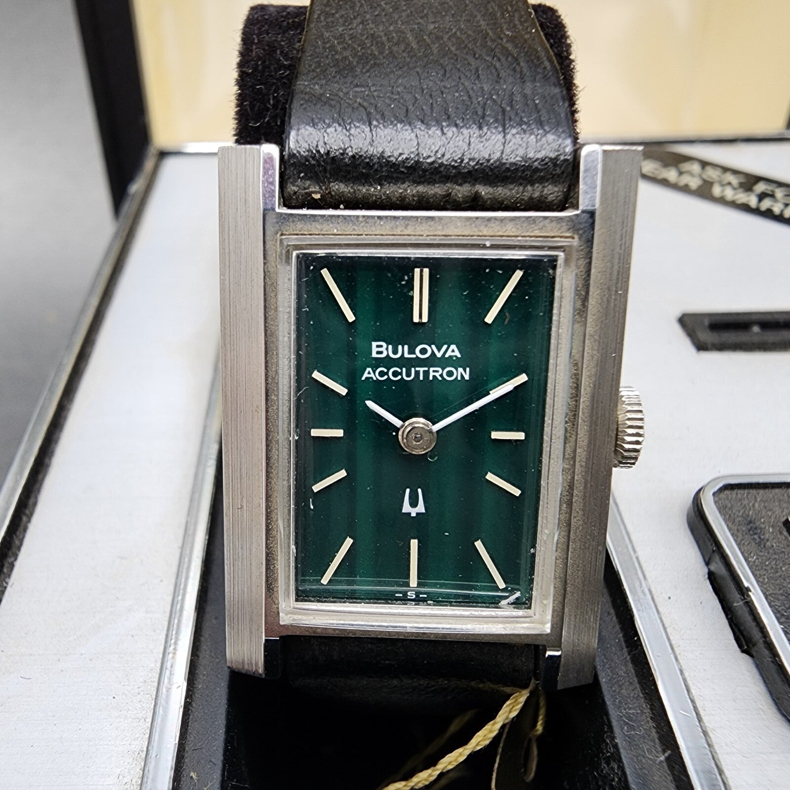 Bulova Accutron Tank Watch Women 20mm Green Dial Steel Rectangle 21903 NOS PARTS1