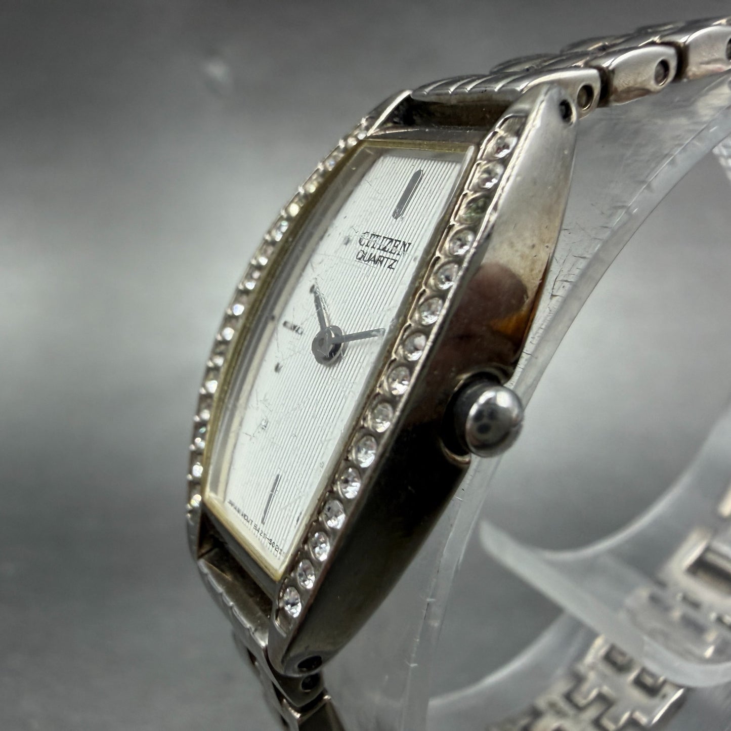 Citizen Watch Women 16mm Silver Dial Silver Tone Rectangle Crystal Bezel New Bat2