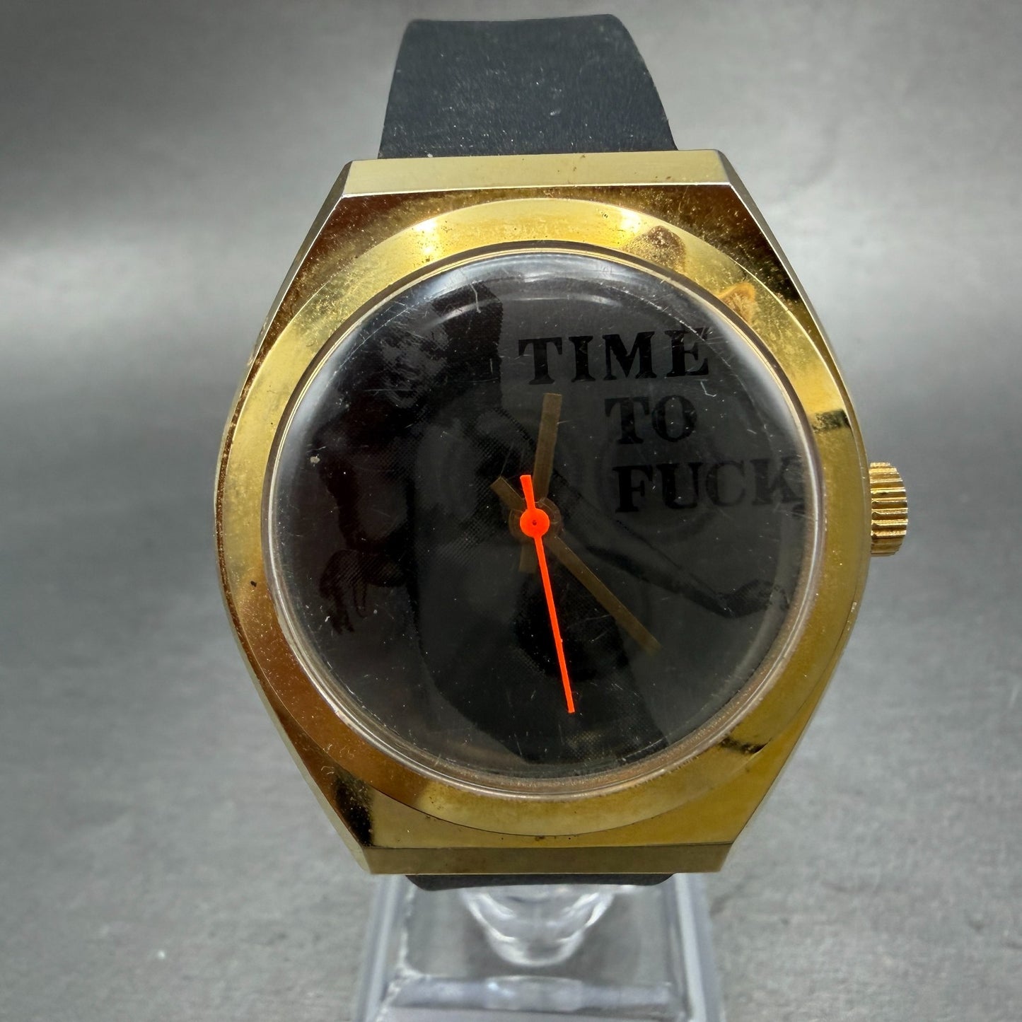 Hugh Hefner Time To F**k Watch Men 38mm Black Dial Gold Tone Manual Wind PARTS0