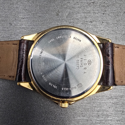 Seiko Alba Watch Men 33mm Champagne Dial Gold Tone Date Round V732-0D10 New Batt10