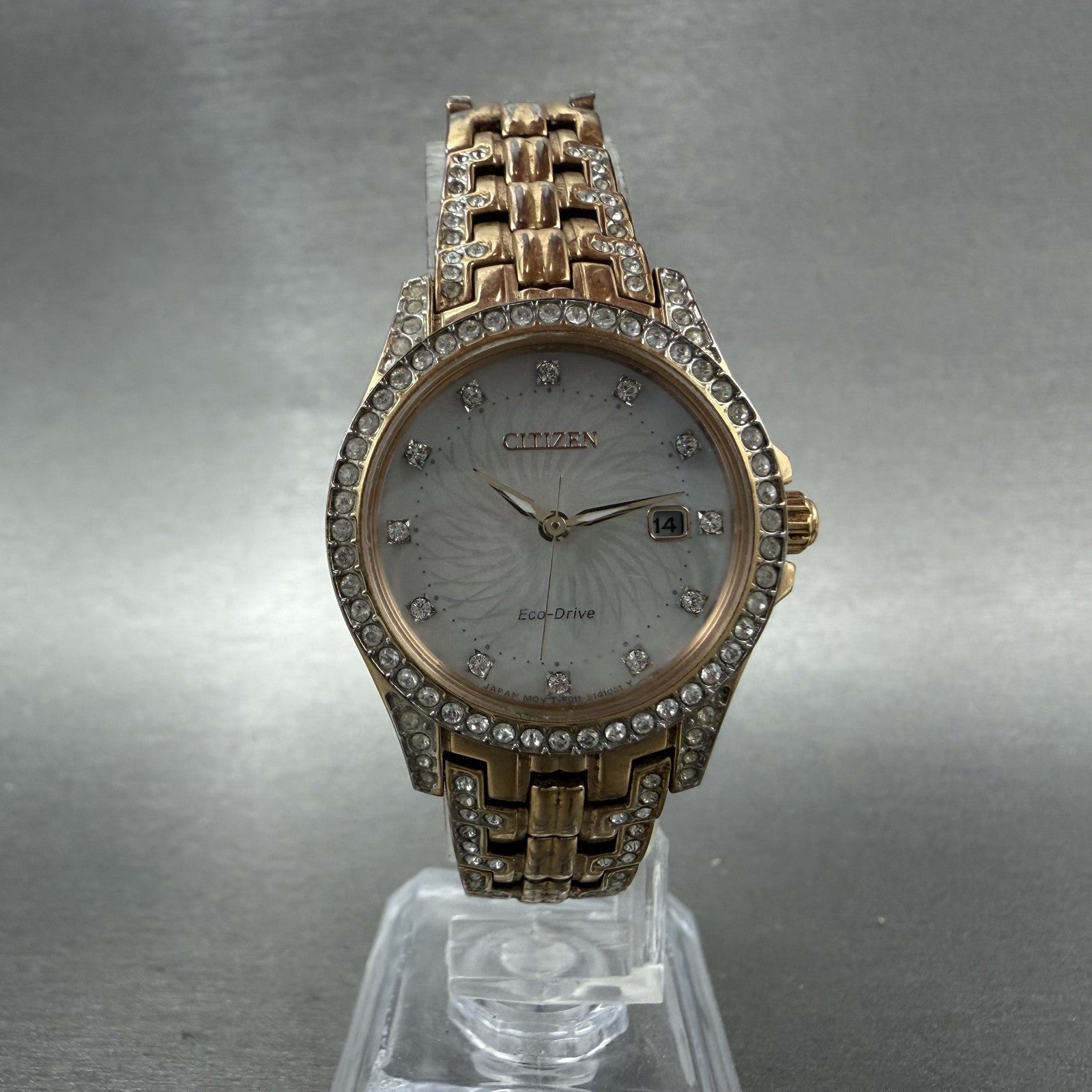 Citizen EcoDrive Watch Women 28mm MOP Dial Rose Gold Tone Crystal Bezel Runs5