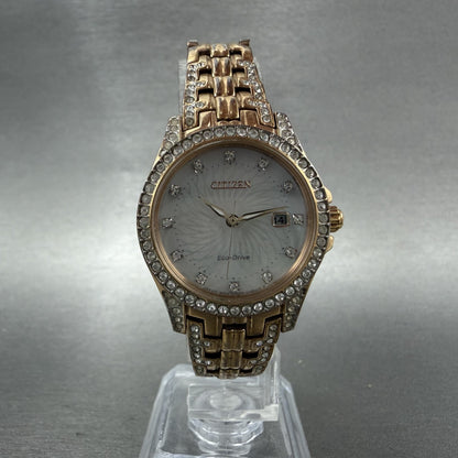 Citizen EcoDrive Watch Women 28mm MOP Dial Rose Gold Tone Crystal Bezel Runs5