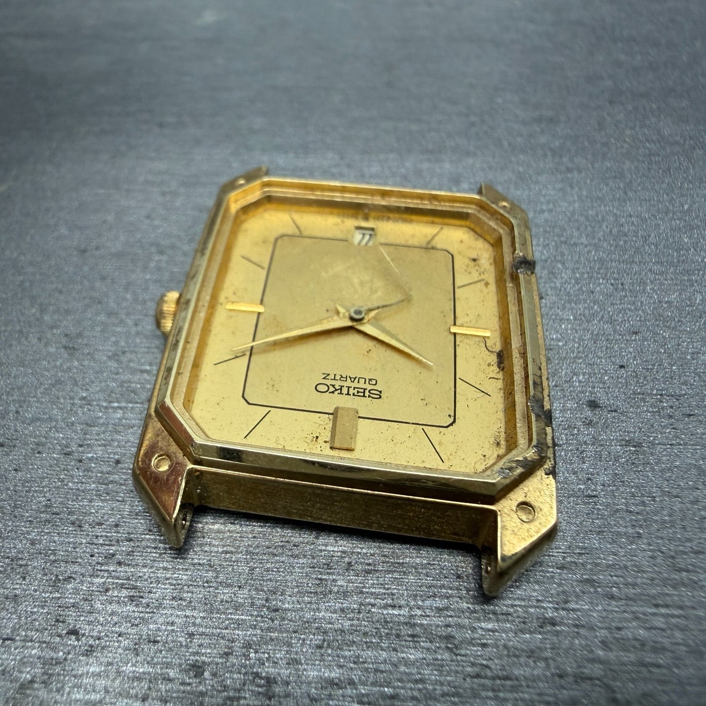 Seiko Tank Watch Men 27mm Gold Dial Gold Tone Date 6532-5189 Rectangle  PARTS5