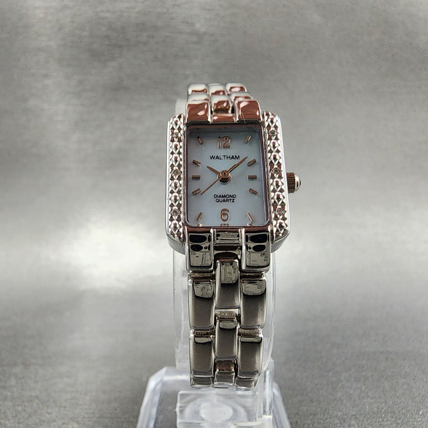 Waltham Tank Watch Women 17mm Blue MOP Dial Silver Tone Rectangle New Battery
