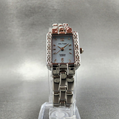 Waltham Tank Watch Women 17mm Blue MOP Dial Silver Tone Rectangle New Battery