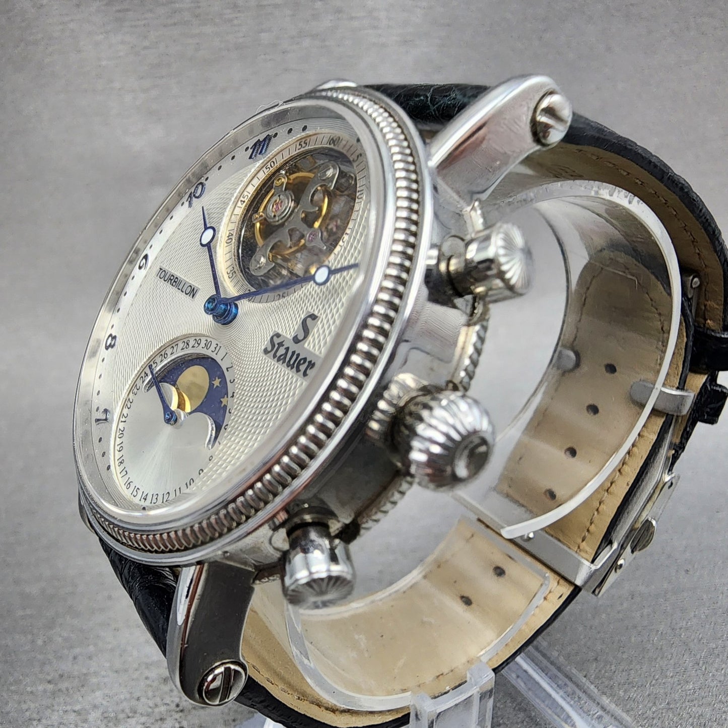 Stauer Tourbillon Watch Men 43mm White Dial Silver Tone Moonphase 0341 PARTS3
